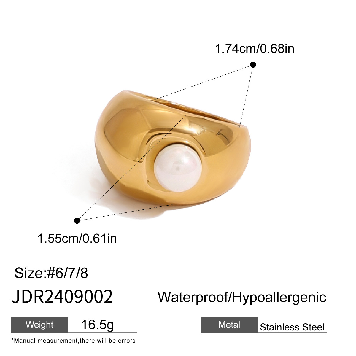 1 Piece Simple Series  Irregular shape Stainless Steel  Gold Color Artificial Pearl Women's Minimalist Rings 